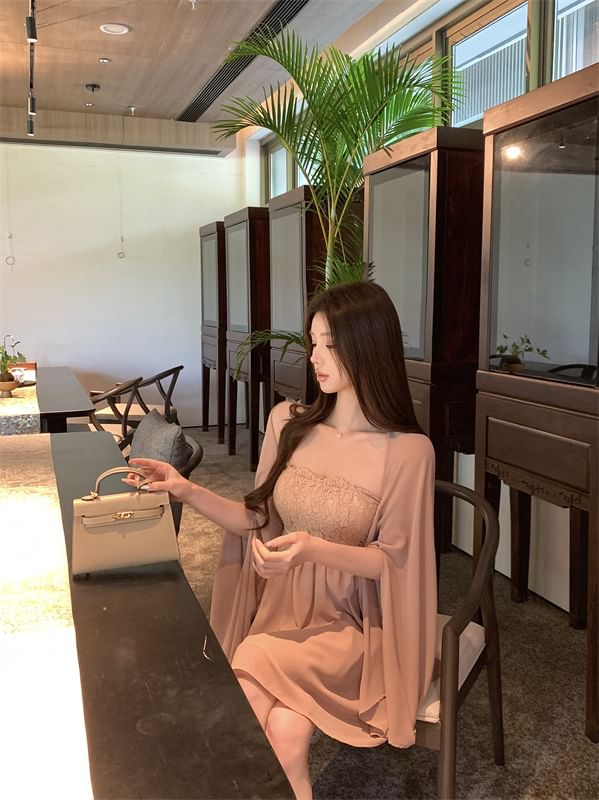 A-Line Mini Strapless Bow Accent / Shawl Lace Dress Panel Plain