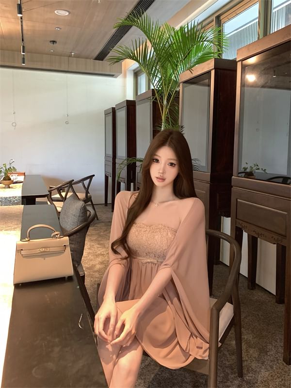 A-Line Mini Strapless Bow Accent / Shawl Lace Dress Panel Plain