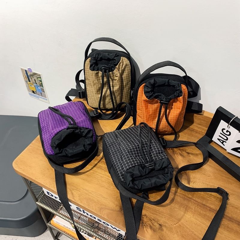 Crossbody Bag Plaid Mobile Drawstring Nylon Phone