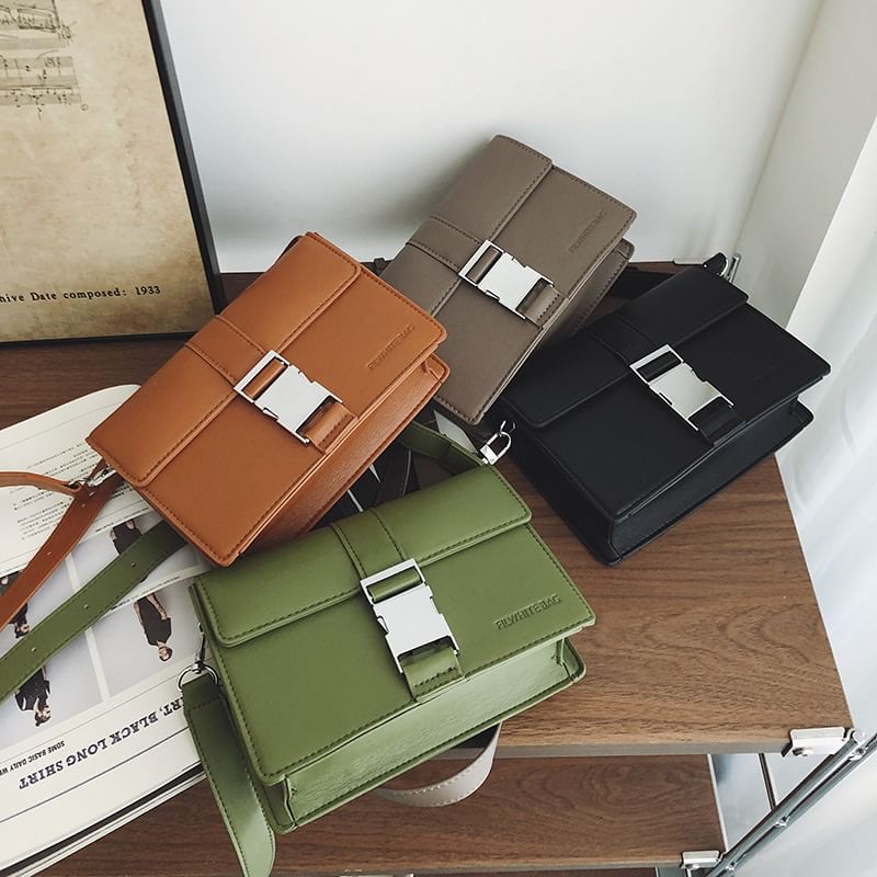 Leather Crossbody Bag Buckled Faux Plain Flap