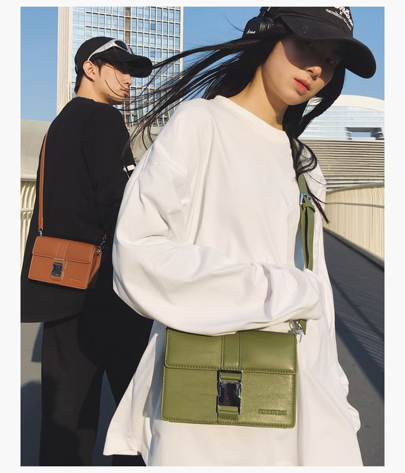 Leather Crossbody Bag Buckled Faux Plain Flap