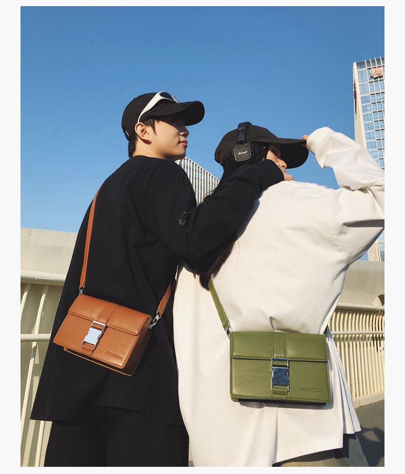 Leather Crossbody Bag Buckled Faux Plain Flap