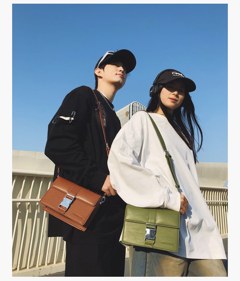 Leather Crossbody Bag Buckled Faux Plain Flap