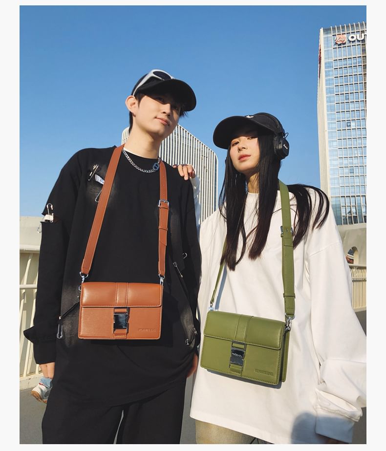 Leather Crossbody Bag Buckled Faux Plain Flap