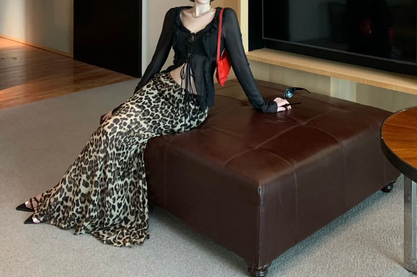 Sheer Leopard Print Mermaid Long-Sleeve Plain Maxi Top Front-Slit High Waist / Skirt