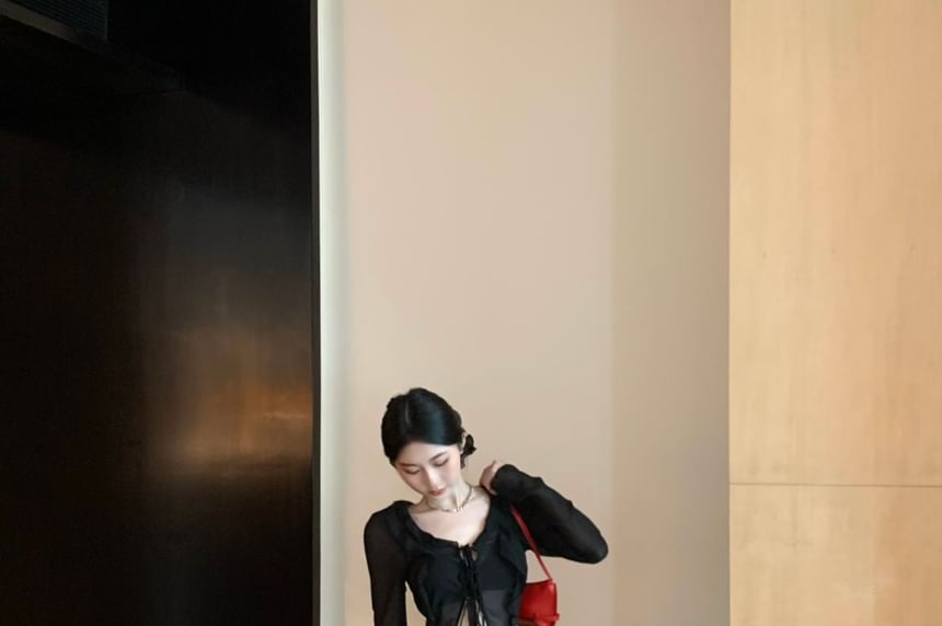 Sheer Leopard Print Mermaid Long-Sleeve Plain Maxi Top Front-Slit High Waist / Skirt