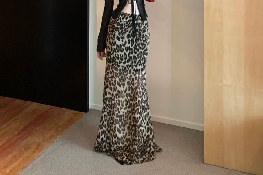 Sheer Leopard Print Mermaid Long-Sleeve Plain Maxi Top Front-Slit High Waist / Skirt
