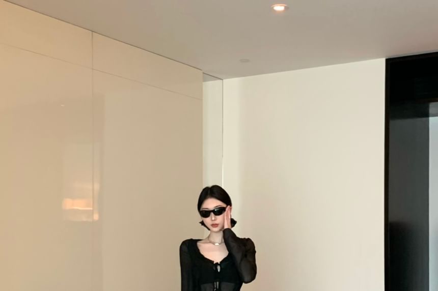 Sheer Leopard Print Mermaid Long-Sleeve Plain Maxi Top Front-Slit High Waist / Skirt