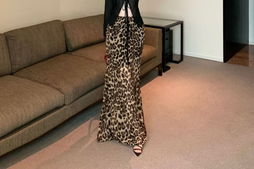 Sheer Leopard Print Mermaid Long-Sleeve Plain Maxi Top Front-Slit High Waist / Skirt