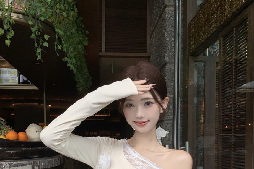 Asymmetrical Trim Skirt A-Line Rise Ruched Plain Maxi High One-Shoulder Tee Long-Sleeve Lace /