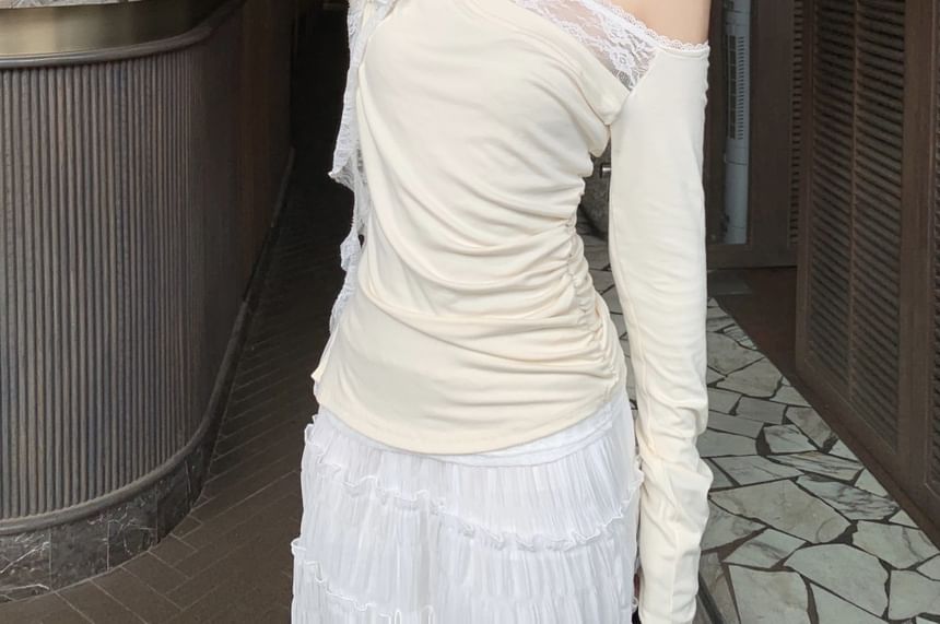 Asymmetrical Trim Skirt A-Line Rise Ruched Plain Maxi High One-Shoulder Tee Long-Sleeve Lace /