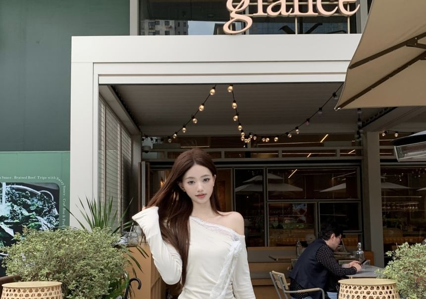 Asymmetrical Trim Skirt A-Line Rise Ruched Plain Maxi High One-Shoulder Tee Long-Sleeve Lace /