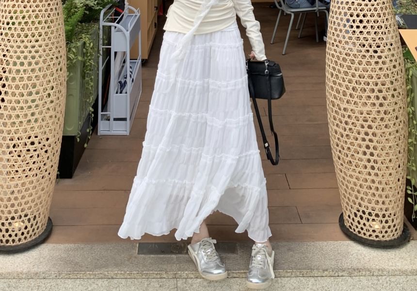 Asymmetrical Trim Skirt A-Line Rise Ruched Plain Maxi High One-Shoulder Tee Long-Sleeve Lace /