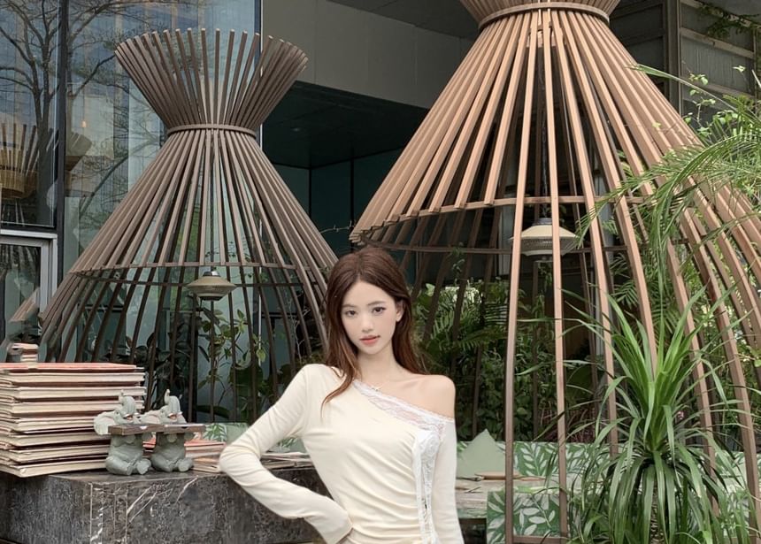 Asymmetrical Trim Skirt A-Line Rise Ruched Plain Maxi High One-Shoulder Tee Long-Sleeve Lace /