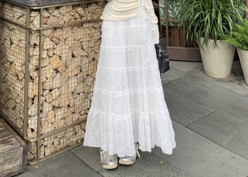 Asymmetrical Trim Skirt A-Line Rise Ruched Plain Maxi High One-Shoulder Tee Long-Sleeve Lace /