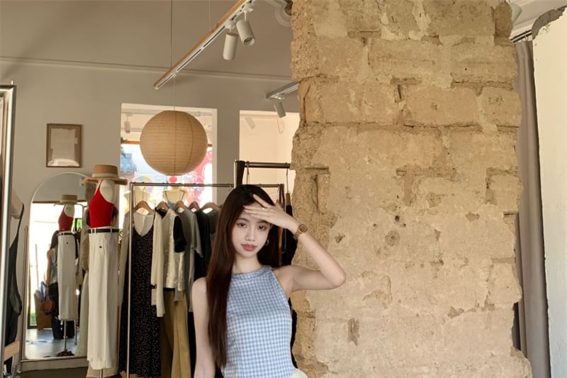 High Top Wide Plaid Cami Jeans Waist Asymmetrical Washed Panel Leg /