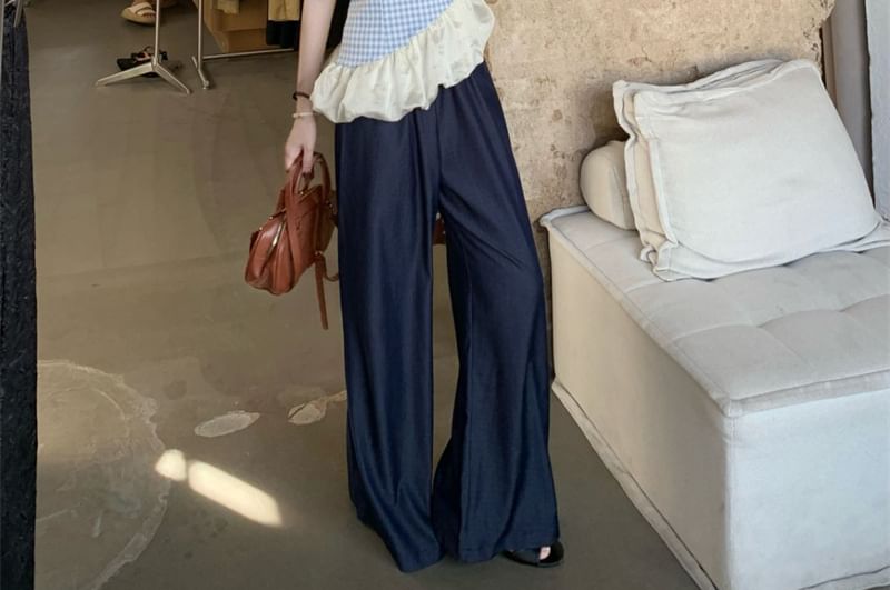 High Top Wide Plaid Cami Jeans Waist Asymmetrical Washed Panel Leg /