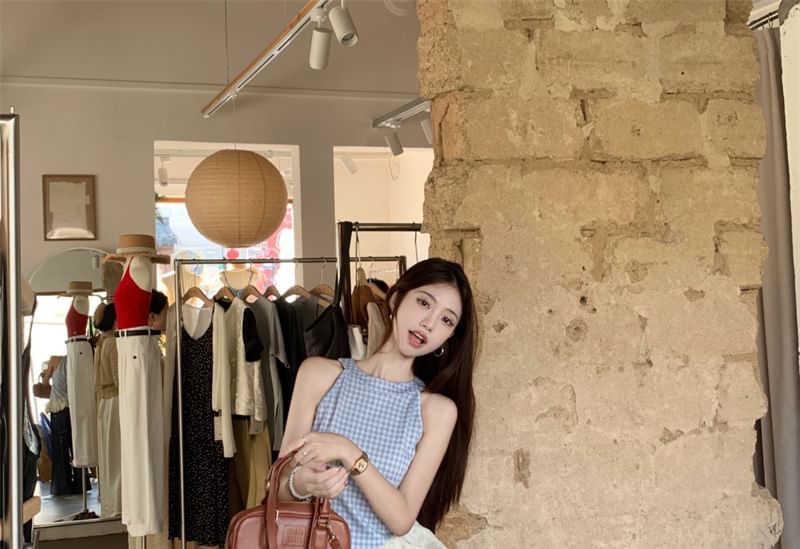 High Top Wide Plaid Cami Jeans Waist Asymmetrical Washed Panel Leg /