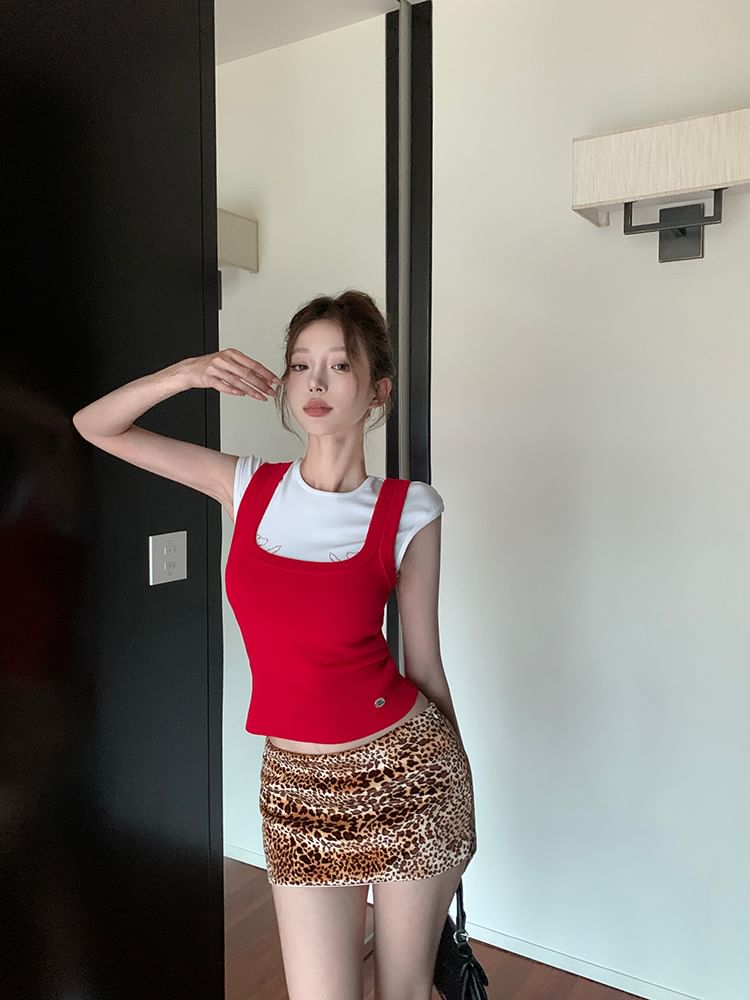 Rise Plain Cap Neck Square Print Mini Tee Sleeve Pencil Skirt Low Top Knit / Dog Leopard Round Tank