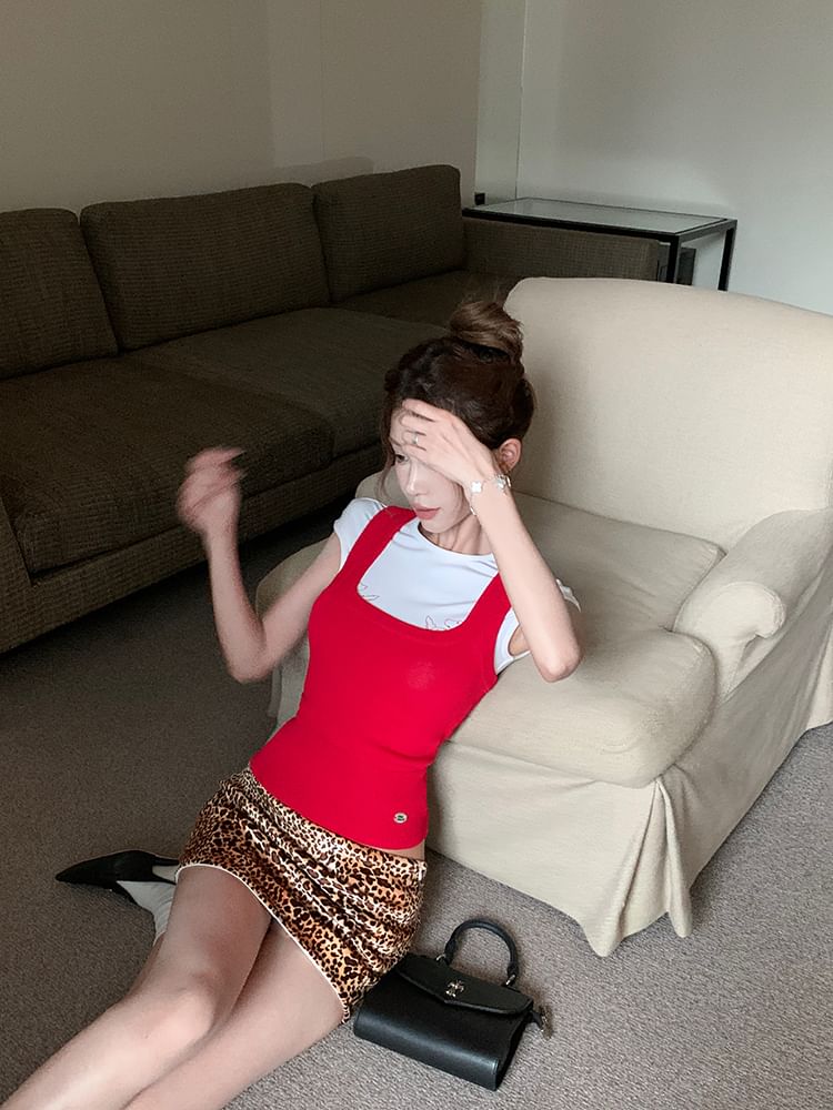 Rise Plain Cap Neck Square Print Mini Tee Sleeve Pencil Skirt Low Top Knit / Dog Leopard Round Tank