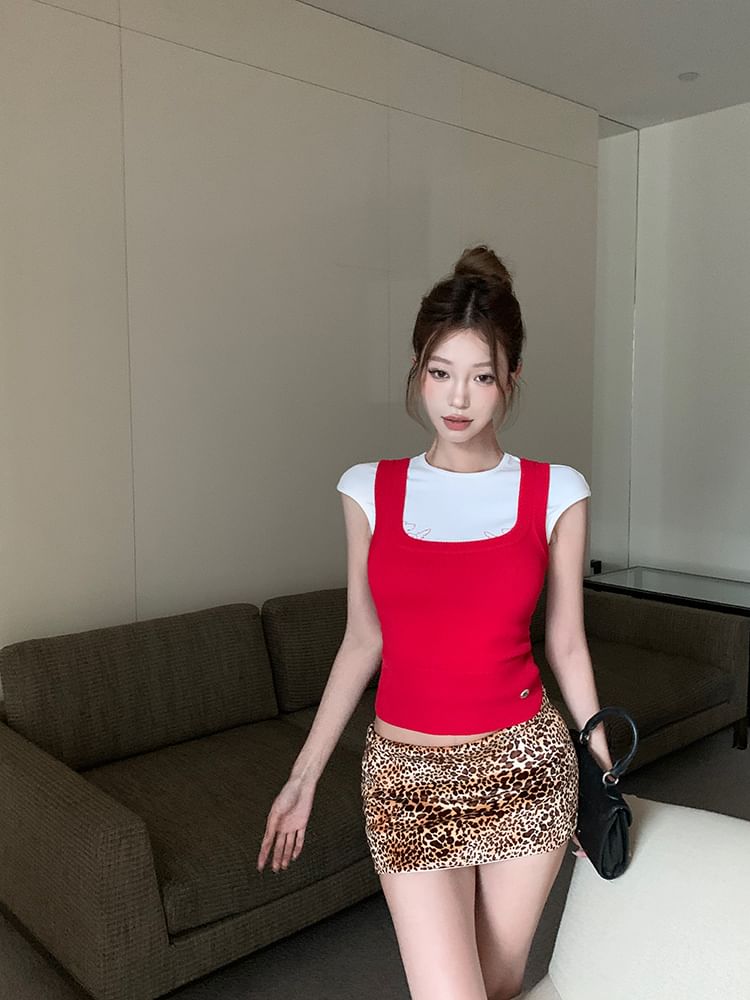 Rise Plain Cap Neck Square Print Mini Tee Sleeve Pencil Skirt Low Top Knit / Dog Leopard Round Tank