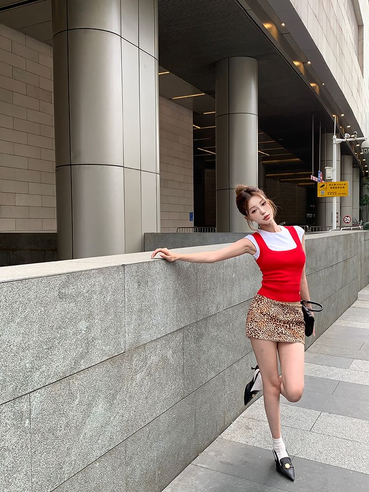 Rise Plain Cap Neck Square Print Mini Tee Sleeve Pencil Skirt Low Top Knit / Dog Leopard Round Tank