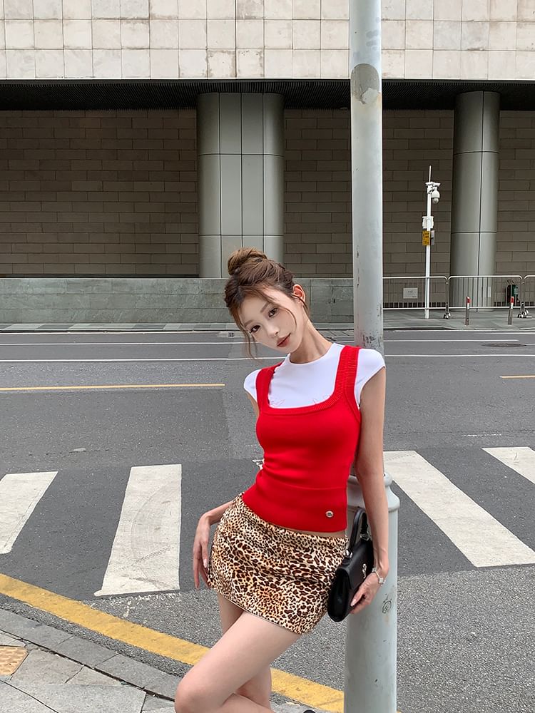 Rise Plain Cap Neck Square Print Mini Tee Sleeve Pencil Skirt Low Top Knit / Dog Leopard Round Tank