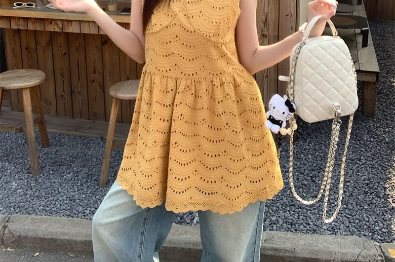 Mini Dress Strap Eyelet Spaghetti Embroidered A-Line Plain