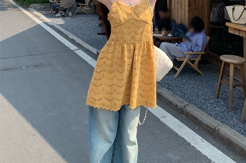 Mini Dress Strap Eyelet Spaghetti Embroidered A-Line Plain