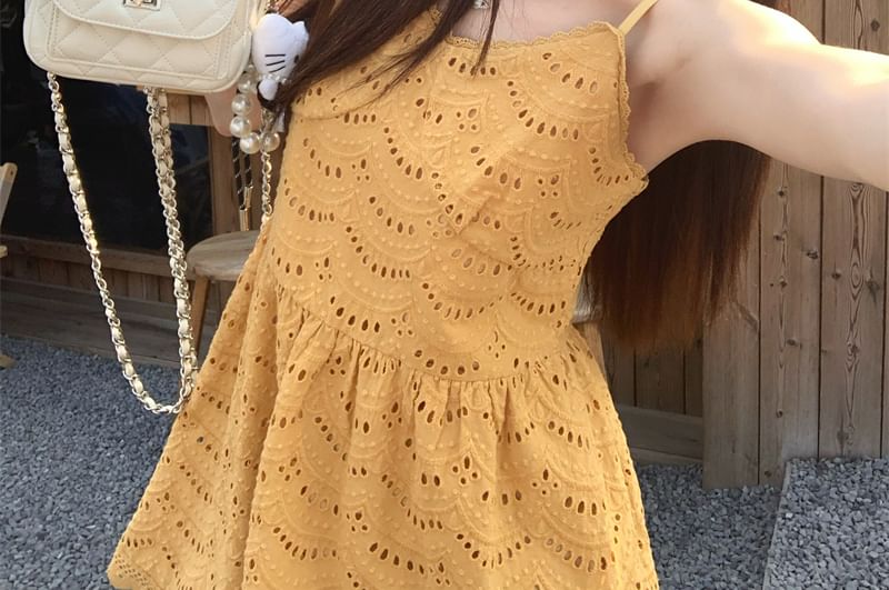 Mini Dress Strap Eyelet Spaghetti Embroidered A-Line Plain