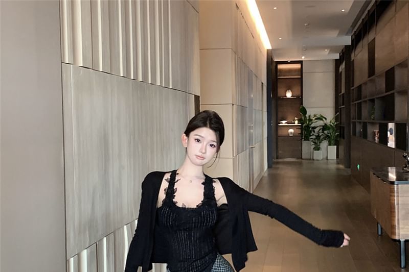 Panel Skirt Waist Lace Tank Maxi Top Cardigan Neck Scoop Plain High Pencil Pinstriped Plaid Tie-Up /