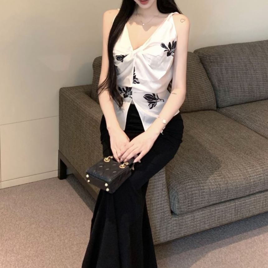 High Floral Rise Top V-Neck Maxi Slit Plain / Pencil Skirt Print Cami