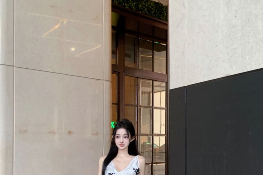 High Floral Rise Top V-Neck Maxi Slit Plain / Pencil Skirt Print Cami