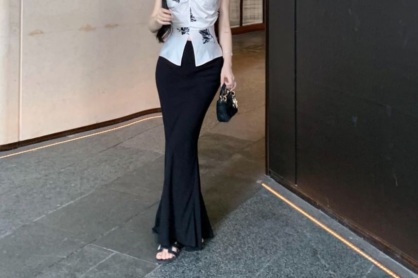 High Floral Rise Top V-Neck Maxi Slit Plain / Pencil Skirt Print Cami