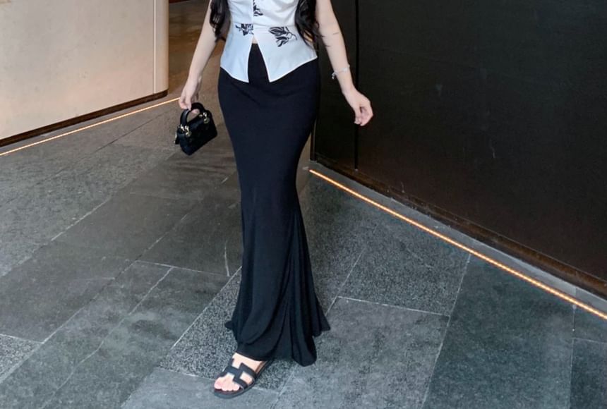 High Floral Rise Top V-Neck Maxi Slit Plain / Pencil Skirt Print Cami