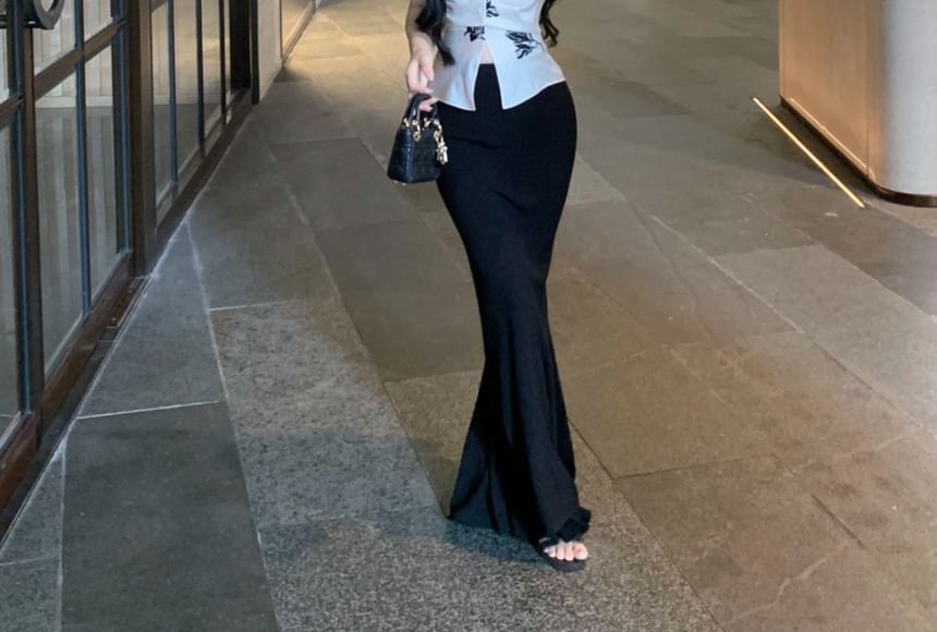 High Floral Rise Top V-Neck Maxi Slit Plain / Pencil Skirt Print Cami