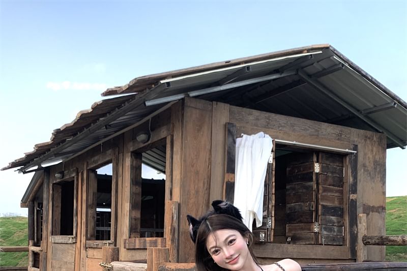 Mini High A-Line Skirt Rise Plaid Top / Frill Dotted Balloon Cami