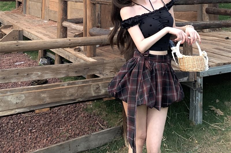 Mini High A-Line Skirt Rise Plaid Top / Frill Dotted Balloon Cami