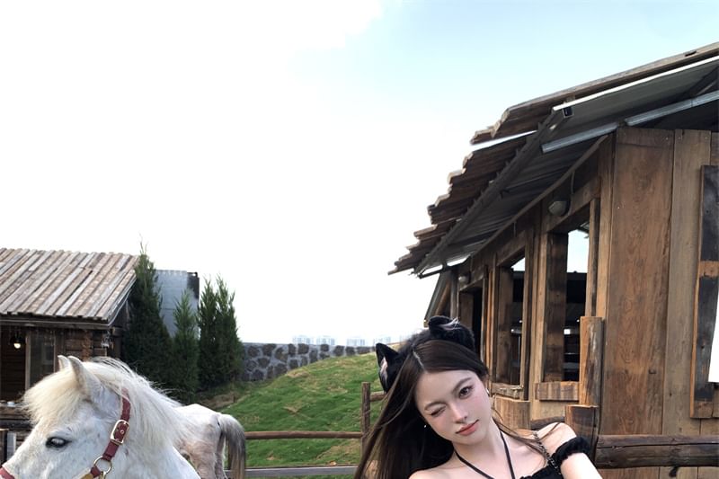 Mini High A-Line Skirt Rise Plaid Top / Frill Dotted Balloon Cami