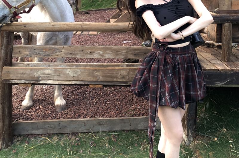 Mini High A-Line Skirt Rise Plaid Top / Frill Dotted Balloon Cami