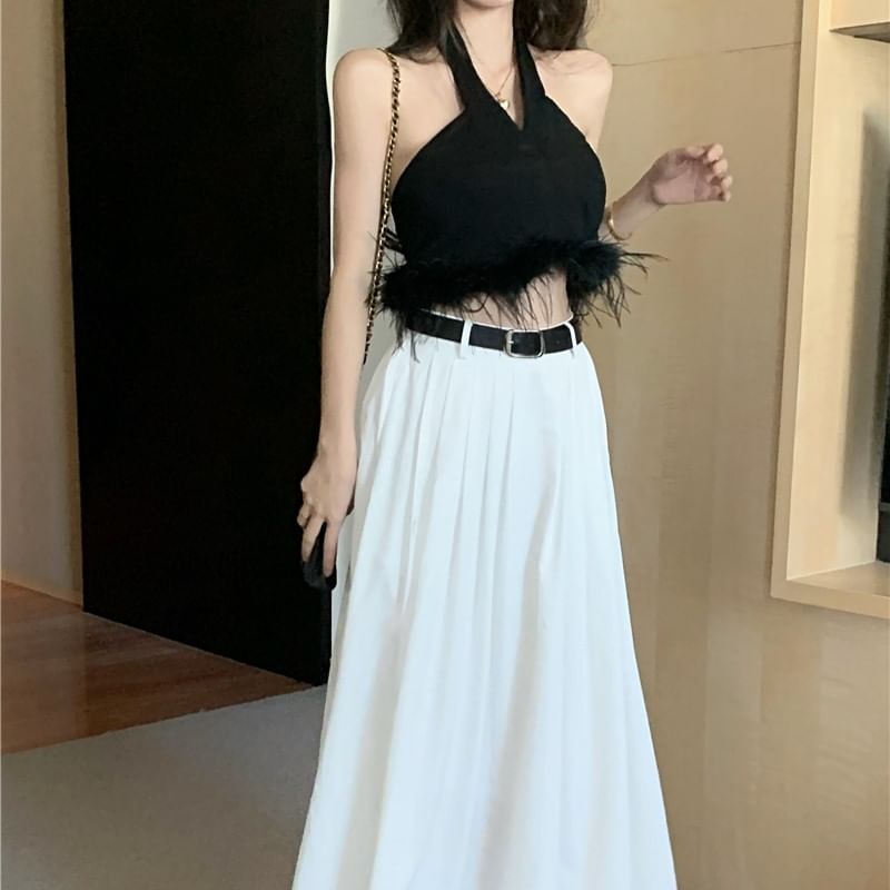 Crop Top Halter Trim / Waist Skirt Plain Feather High Pleated A-Line Maxi