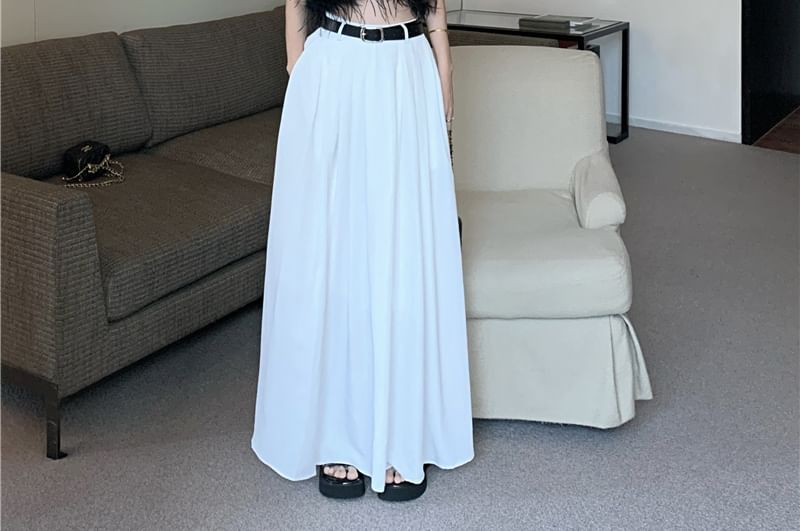 Crop Top Halter Trim / Waist Skirt Plain Feather High Pleated A-Line Maxi