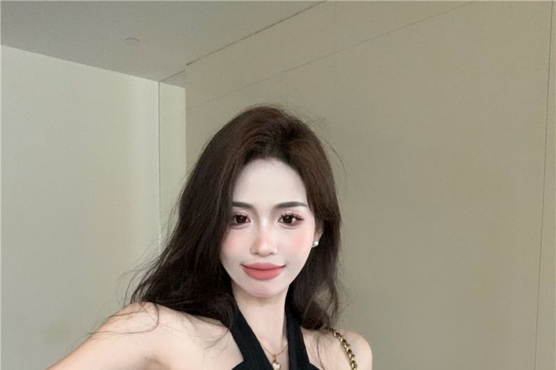 Crop Top Halter Trim / Waist Skirt Plain Feather High Pleated A-Line Maxi