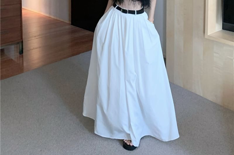 Crop Top Halter Trim / Waist Skirt Plain Feather High Pleated A-Line Maxi