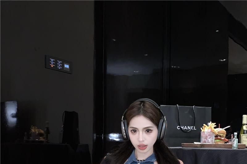 Crop Pencil Washed Mini High Denim / Waist Button Vest Skirt Collared