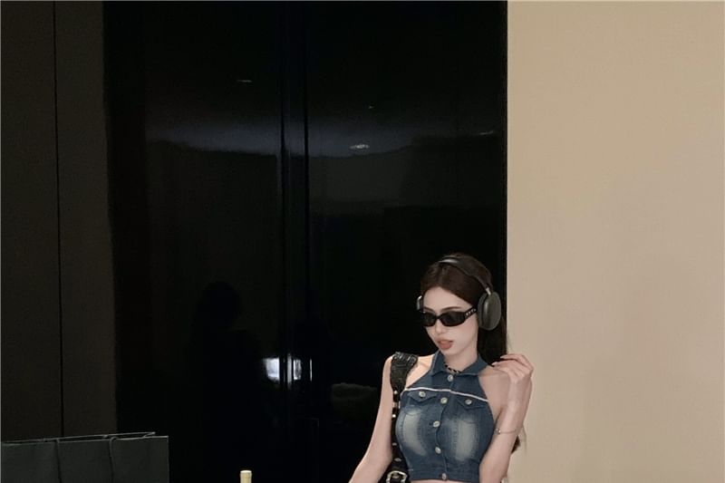 Crop Pencil Washed Mini High Denim / Waist Button Vest Skirt Collared