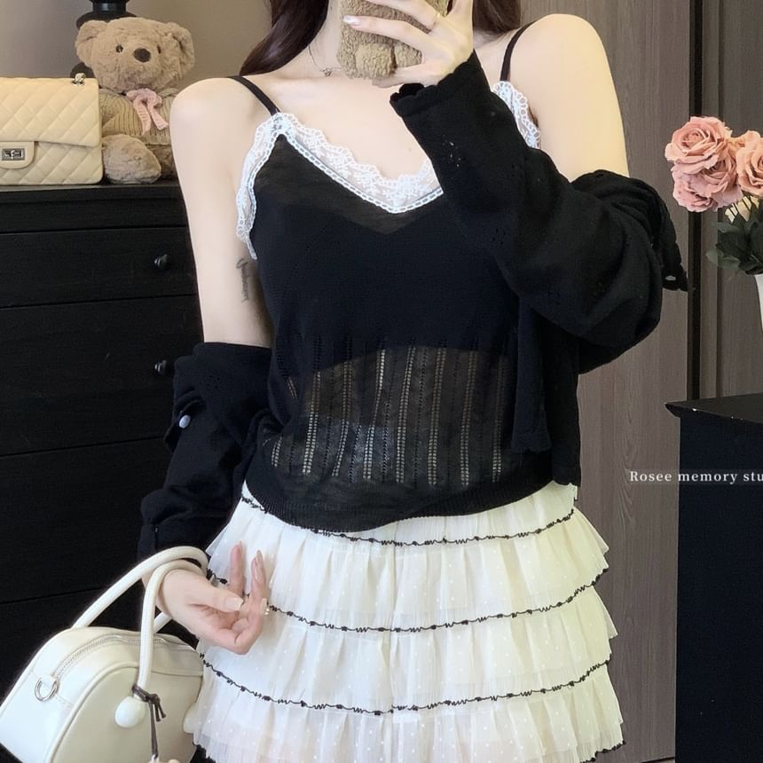 Neck Lace + V-Neck Round Camisole Top Knit Set: Trim Cardigan Plain