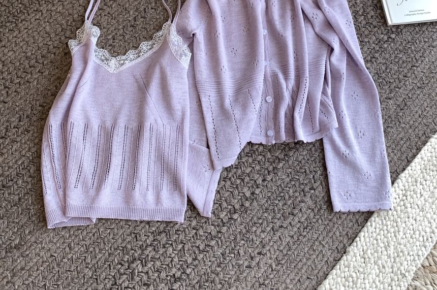 Neck Lace + V-Neck Round Camisole Top Knit Set: Trim Cardigan Plain