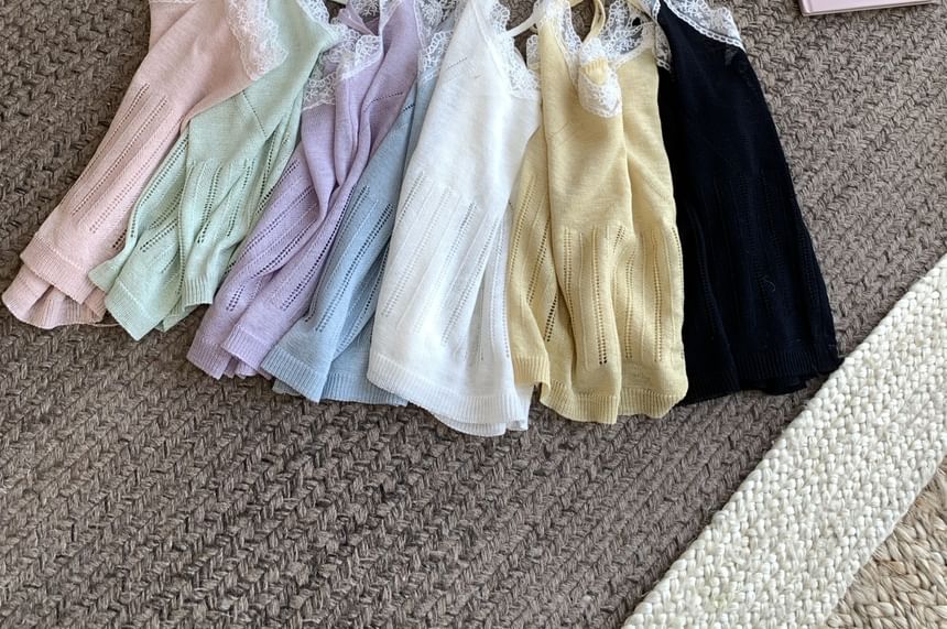 Neck Lace + V-Neck Round Camisole Top Knit Set: Trim Cardigan Plain