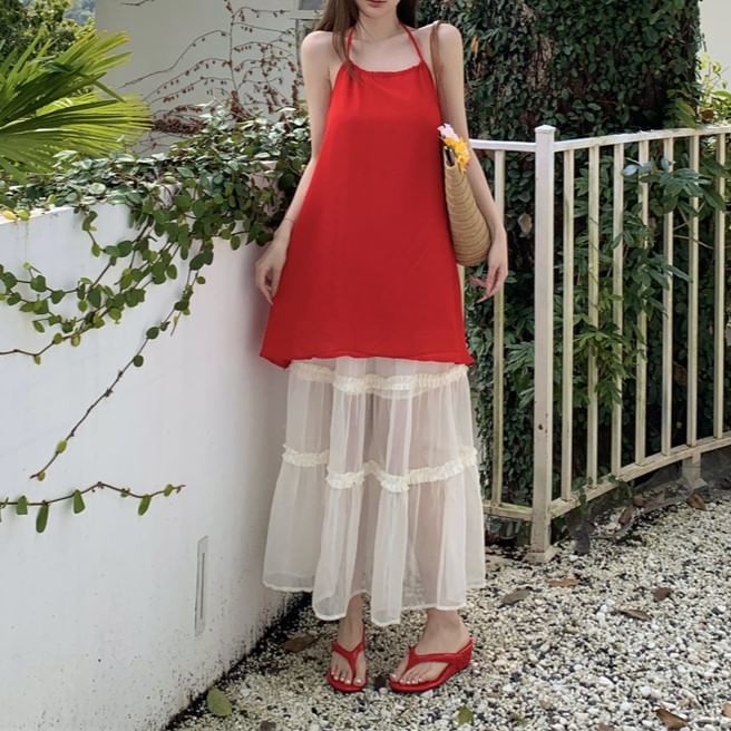 Rise Mini A-Line Dress Halter / Skirt Mesh Tiered Maxi Plain High